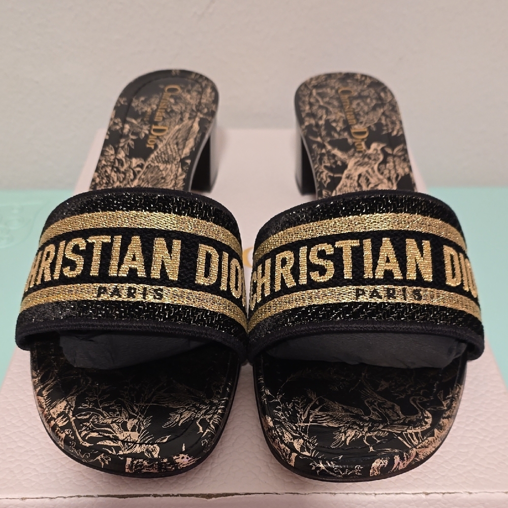 Christian Dior Black and Gold Slides
